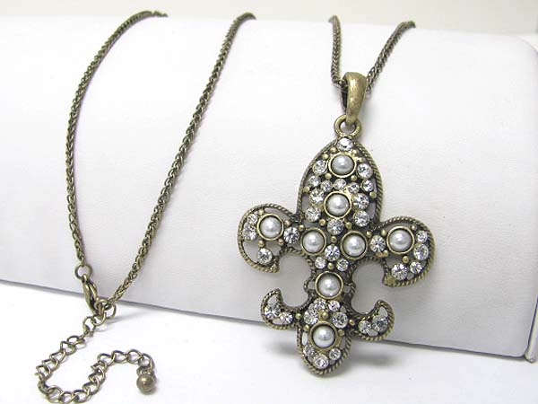 Pearl and crystal stud burnish metal fleur de lis pendant long necklace