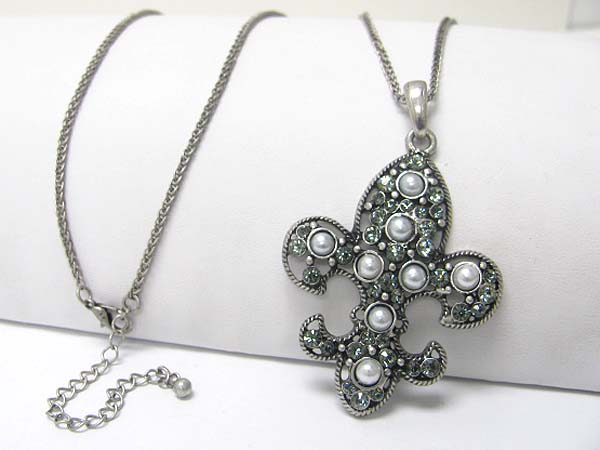 Pearl and crystal stud burnish metal fleur de lis pendant long necklace