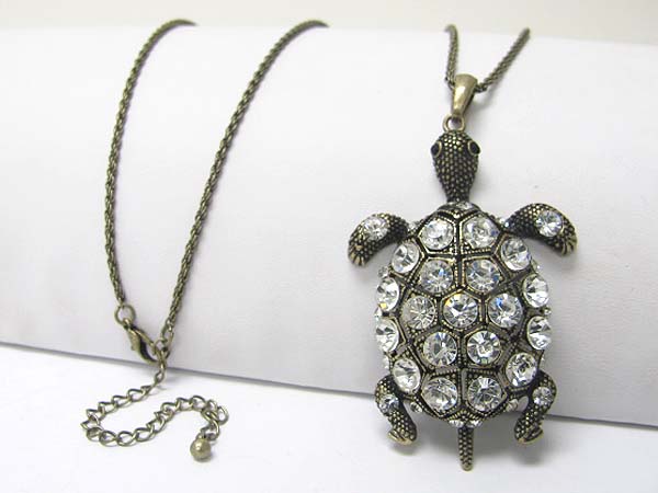 Crystal stud burnish metal turtle pendant long necklace