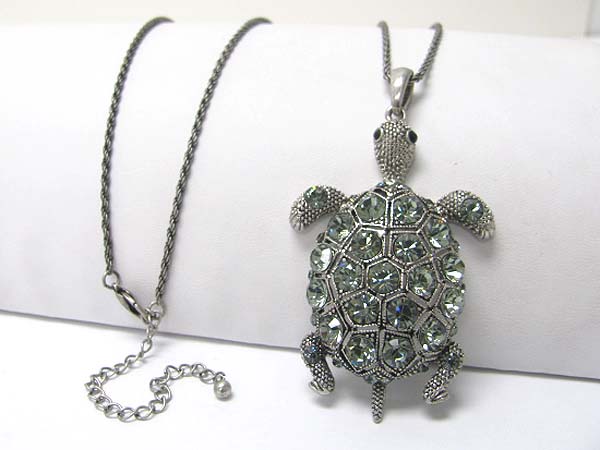 Crystal stud burnish metal turtle pendant long necklace