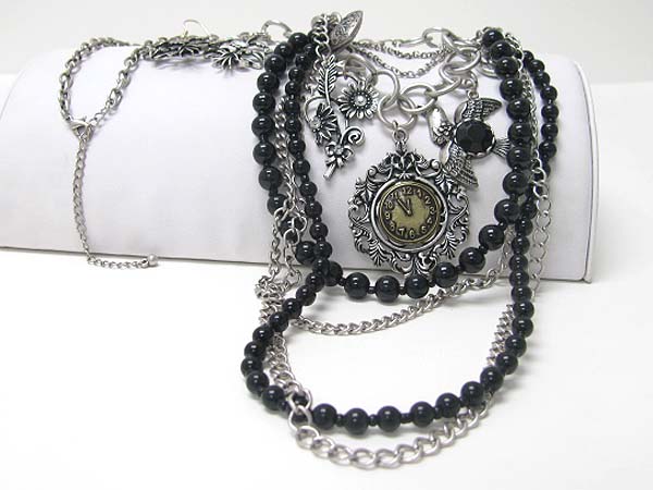 Multi row burnish metal chain and beads old clock pendant long necklace