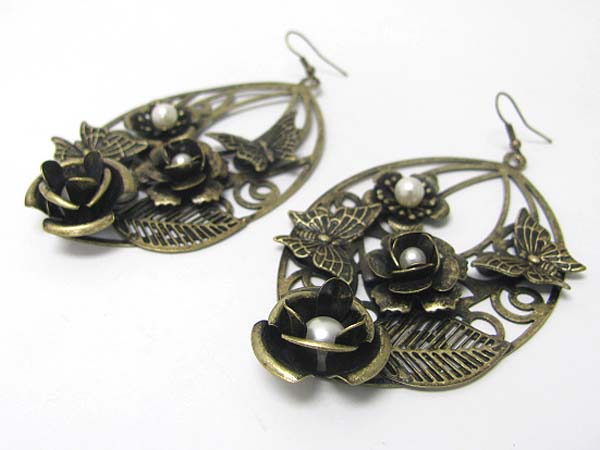 Burnish metal textured butterfly and flower deco earring