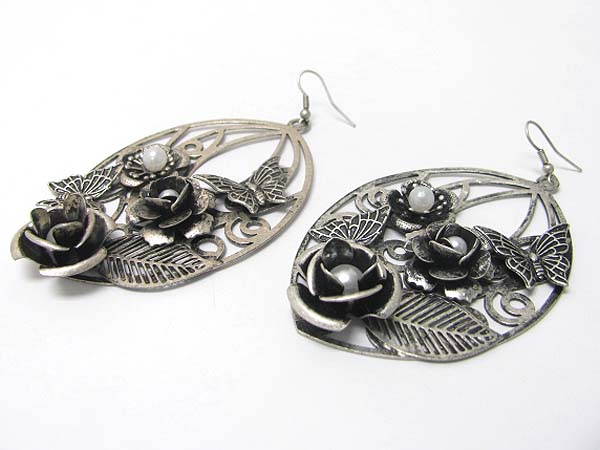 Burnish metal textured butterfly and flower deco earring