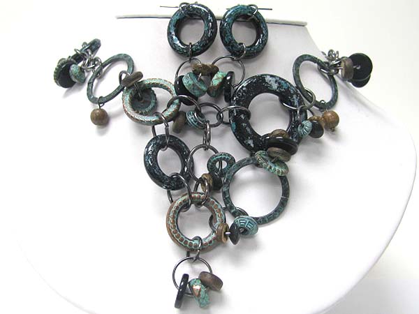 Multi patina ring link necklace earring set