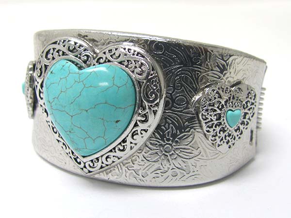 Natural stone and metal filigree heart deco metal hinge?bangle