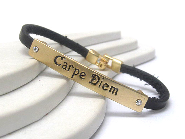 Synthetic leather with crystal on message carpe diem