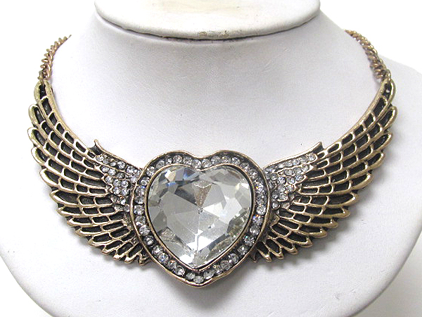 Crystal and facet glass heart and angel wing pendant necklace