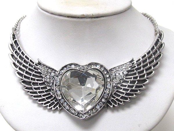 Crystal and facet glass heart and angel wing pendant necklace