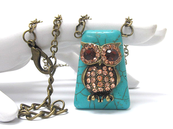 Crystal stud owl on turquoise pendant long necklace