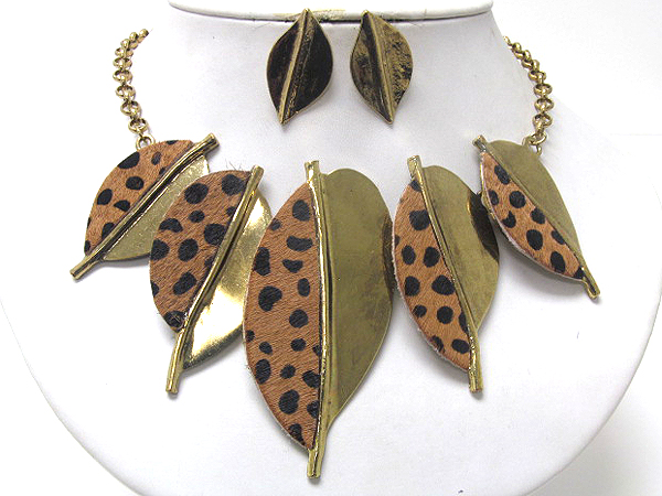 Animal print on multi metal feather link necklace earring set