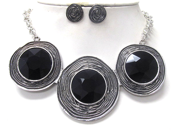 Facet glass center triple metal disk link necklace earring set