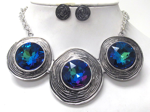 Facet glass center triple metal disk link necklace earring set