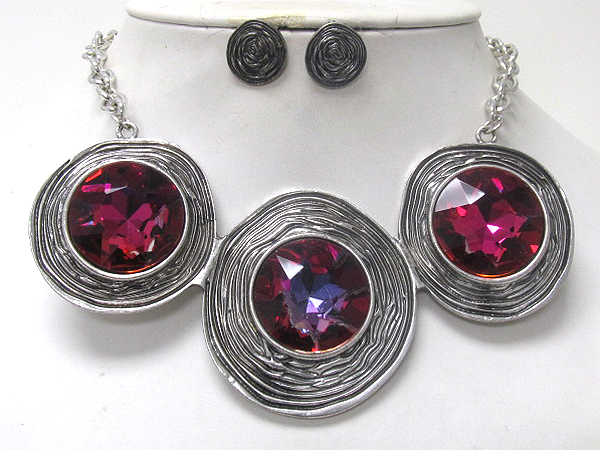 Facet glass center triple metal disk link necklace earring set