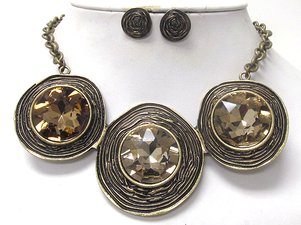 Facet glass center triple metal disk link necklace earring set