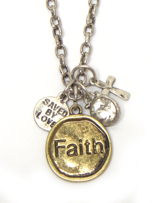 Handmade religious theme cross and disk pendant necklace - faith saved by love