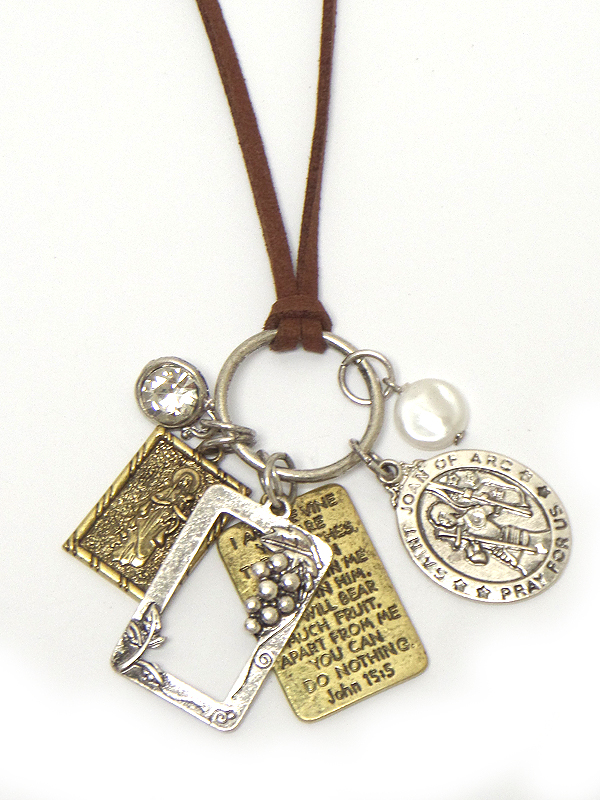 Religious theme multi message tag charm long leatherette chain necklace - john 15:5