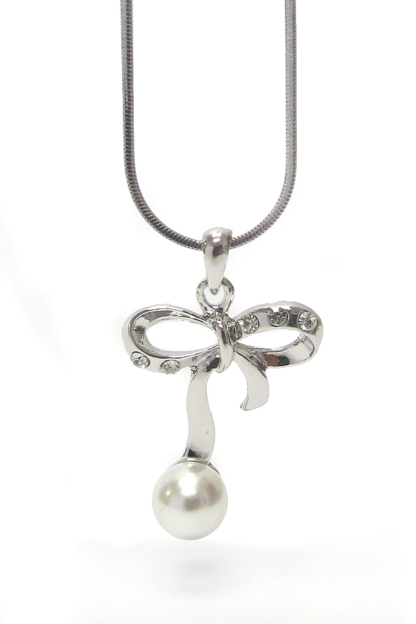 MADE IN KOREA WHITEGOLD PLATING CRYSTAL RIBBON AND PEARL BALL PENDANT NECKLACE