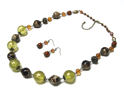 Green and brown multi beads and natural stone necklace and earring set