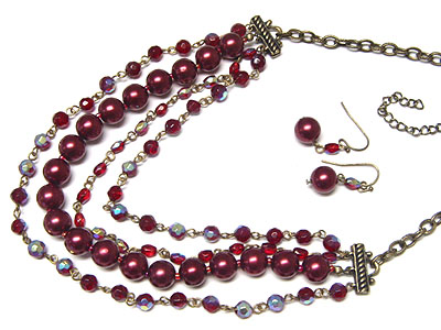 Multi row crystal beads and pearl chain necklace and earring set