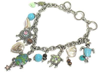 Multi sea turtle and shell charm toggle bracelet