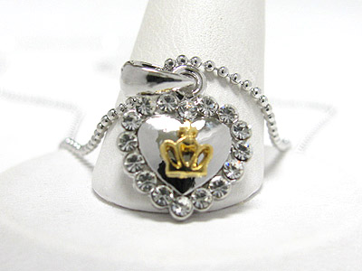 Made in korea whitegold plating crystal heart and crown pendant necklace