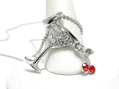 Made in korea whitegold plating crystal cherry and cocktail glass pendant necklace