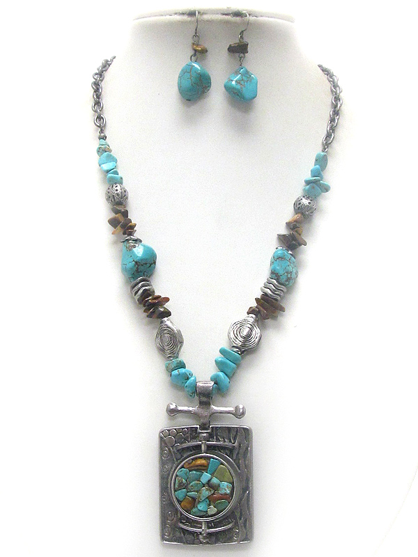 Antique style square pendant turquoise stone necklace set