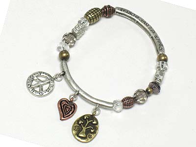 Tri tone metal charm stretch bracelet