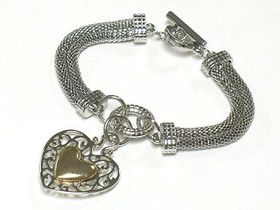 Heart charm mesh chain link bracelet