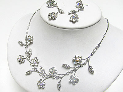 Crystal flower theme rhinestone necklace and earring set