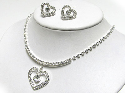 Crystal heart pendant rhinestone necklace and earring set