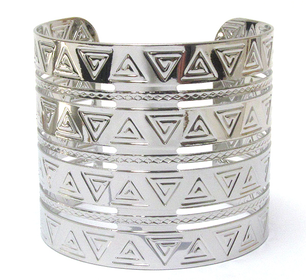 Metal chevron filigree multi triangle deco wide cuff bracelet