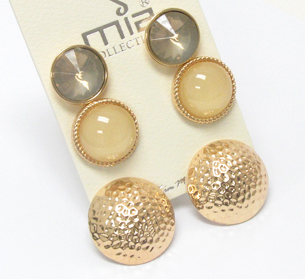 Crystal and epoxy puffy button earring set of 3