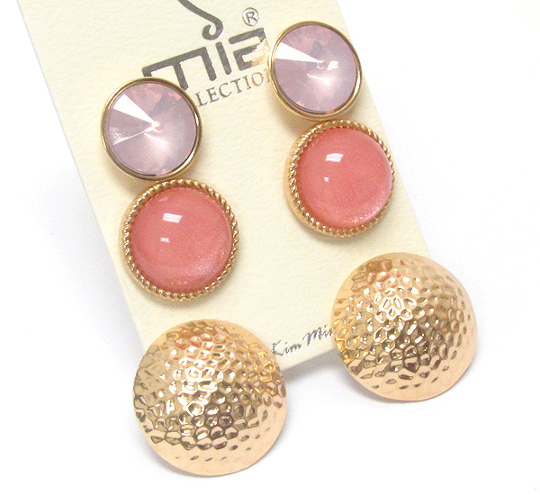 Crystal and epoxy puffy button earring set of 3