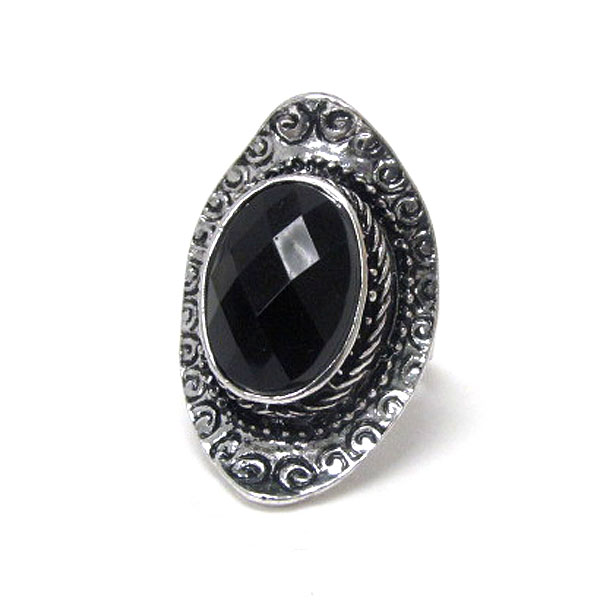 Facet acrylic stone and metal filigree adjustable ring