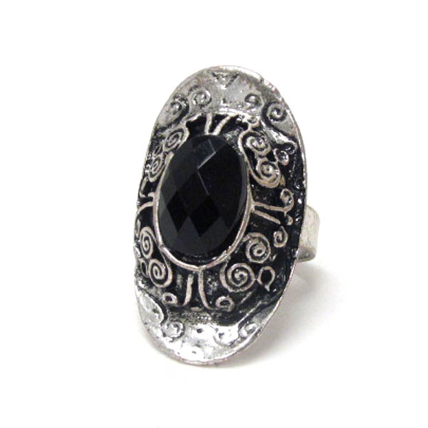 Facet acrylic stone and metal filigree adjustable ring