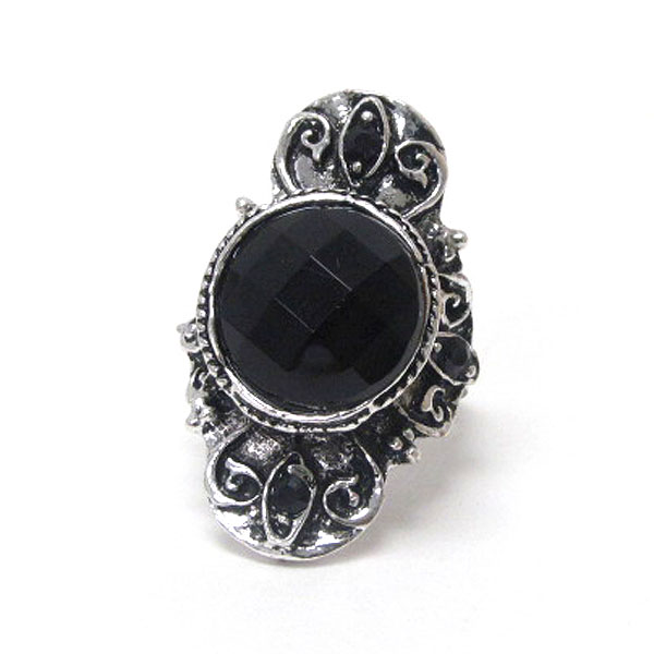 Facet acrylic stone and metal filigree adjustable ring