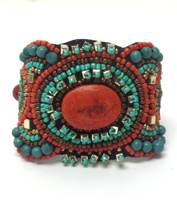 Handmade multi seed beads bohemian bangle bracelet - brass