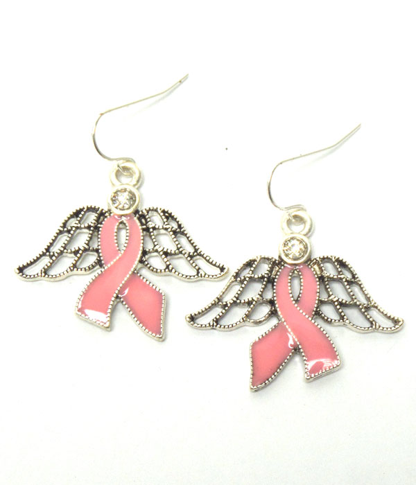 Metal filigree and epoxy pink ribbon and anger wing earring