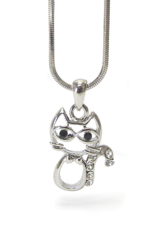 MADE IN KOREA WHITEGOLD PLATING CRYSTAL SIMPLE CAT PENDANT NECKLACE