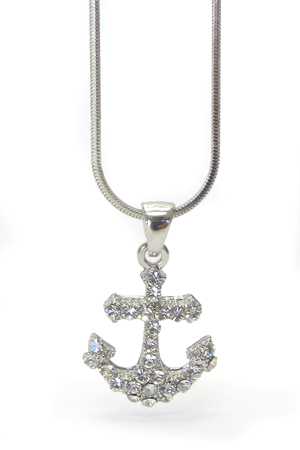 MADE IN KOREA WHITEGOLD PLATING TRI CRYSTAL ANCHOR PENDANT NECKLACE