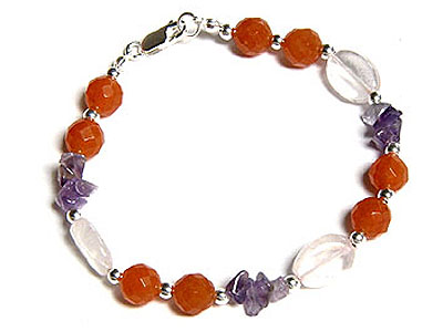 925 sterling silver genuine stone beads bracelet - amethyst - carnelian - rose quartz