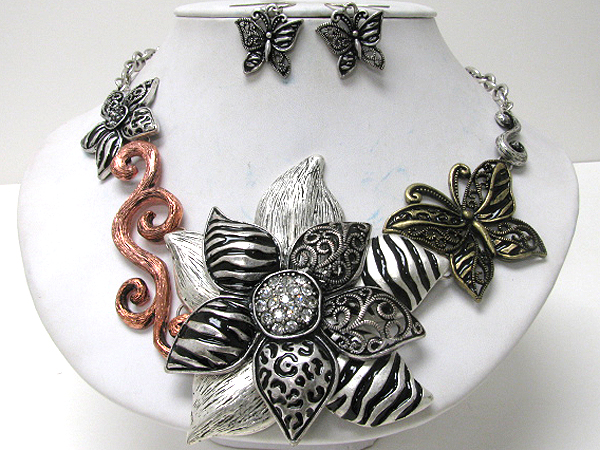 Crystal deco and animal print large flower and butterfly link necklace earring set