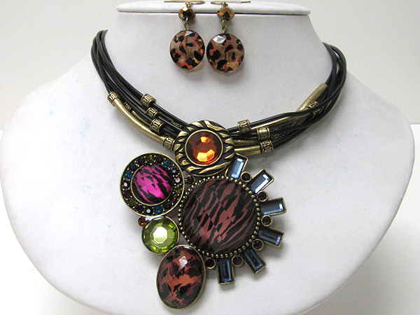 Animal print and crystal deco geometric pendant and multi cord necklace earring set