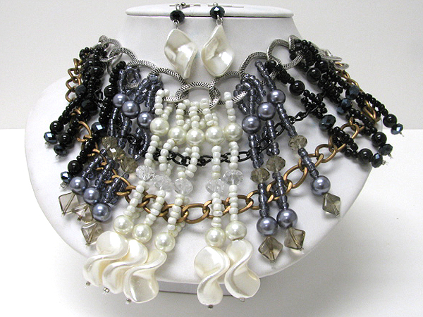 Multi material mix and link chain bib necklace earring set