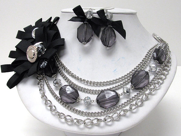 Multi layered chain and corsage necklace earring set