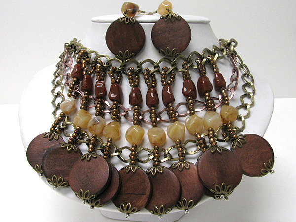 Multi wood disk and natural stone link bib necklace earring set