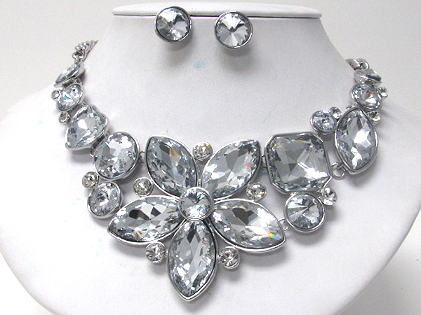 Crystal deco and facet glass flower necklace earring set