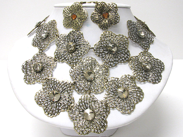 Crystal center multi metal filigree flower link bib necklace earring set