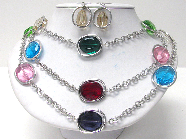 Multi acrylic stone and triple layered station necklace earring set